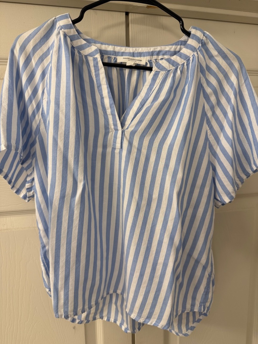 beachlunchlounge Blue and White Vertical Stripe Scoop Neck Blouse